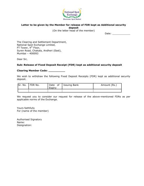 Application for renewal of bank guarantee / Fixed deposit