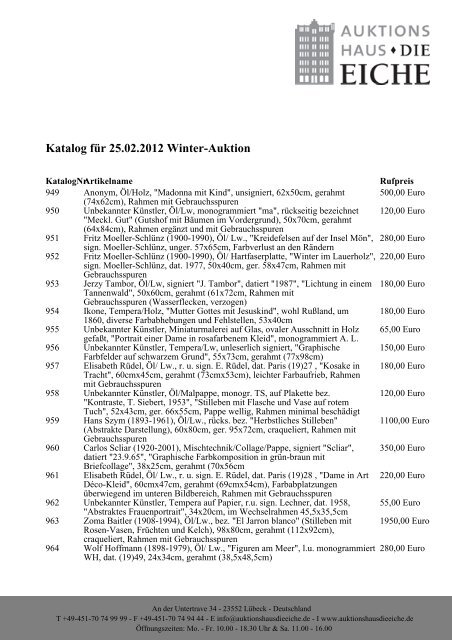 Katalog für 25.02.2012 Winter-Auktion - Auktionshaus "DIE EICHE"