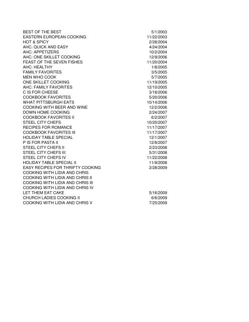 cooking show inventory - WQED