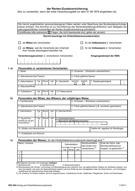 Antrag auf Hinterbliebenenrente aus der Renten-Zusatzversicherung