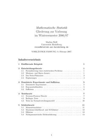 Mathematische Statistik Gliederung zur Vorlesung im ...