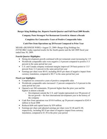 Burger King Holdings Inc. Reports Fourth Quarter and Full Fiscal 2009