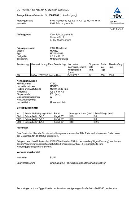 GUTACHTEN zur ABE Nr. 47512 nach Â§22 StVZO Anlage ... - Motec