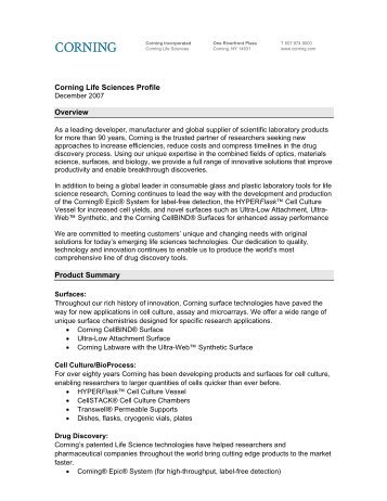 Corning Life Sciences Profile Overview Product Summary