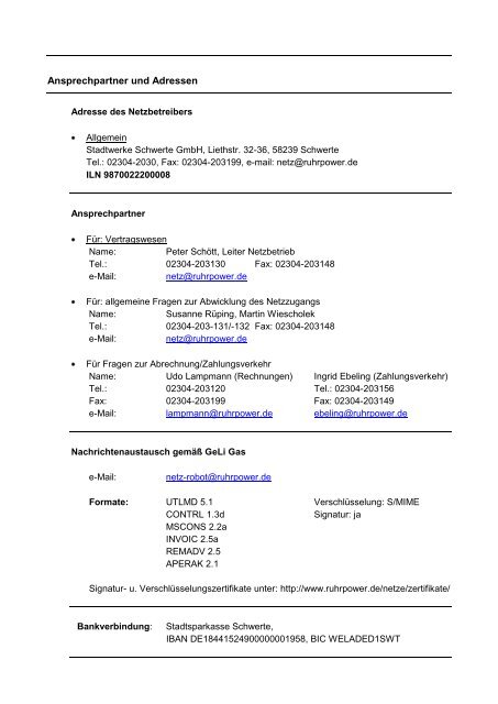 Kommunikationsdatenblatt Gas der Stadtwerke Schwerte GmbH