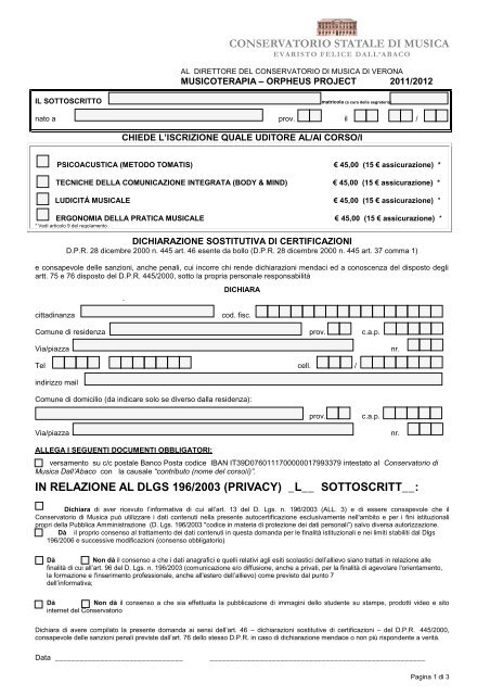 ALLEGATO: OrphÃ©us project - modulo di iscrizione - Conservatorio ...