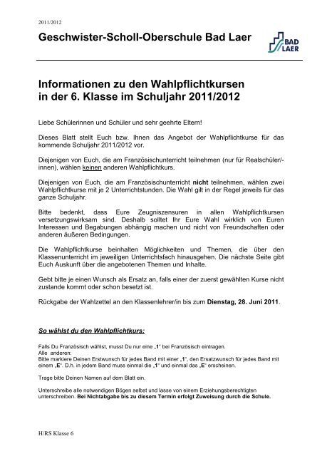 Geschwister-Scholl-Oberschule Bad Laer Informationen zu den ...