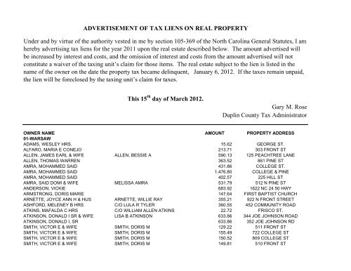 ADVERTISEMENT OF TAX LIENS ON REAL ... - Duplin County