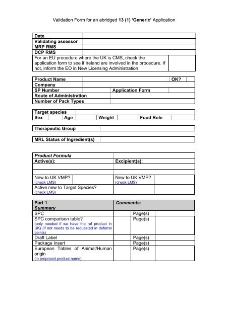 Validation Form for an abridged 13(1) 'Generic' Application