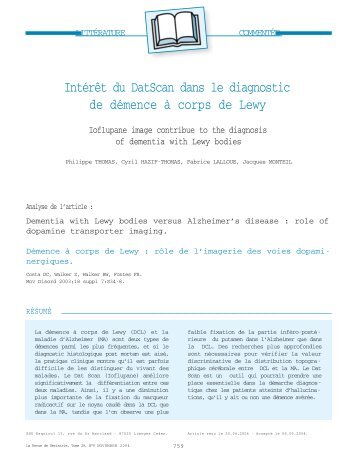 IntÃ©rÃªt du DatScan dans le diagnostic de dÃ©mence Ã  corps de Lewy
