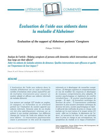 Ãvaluation de l'aide aux aidants dans la maladie d'Alzheimer