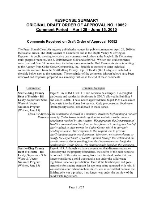 RESPONSE SUMMARY - Puget Sound Clean Air Agency