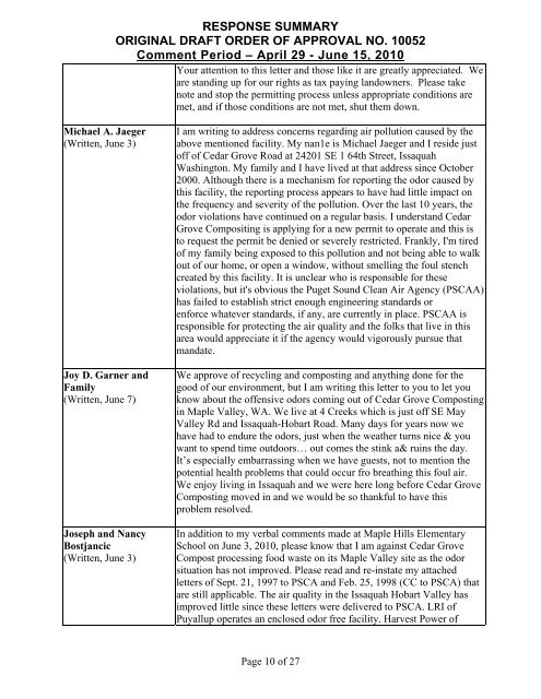 RESPONSE SUMMARY - Puget Sound Clean Air Agency