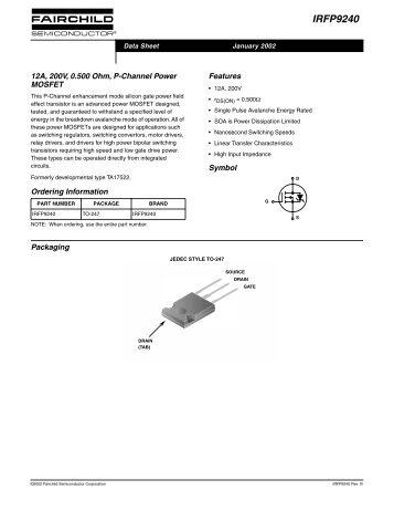 IRFP9240 12A, 200V, 0.500 Ohm, P-Channel Power MOSFET