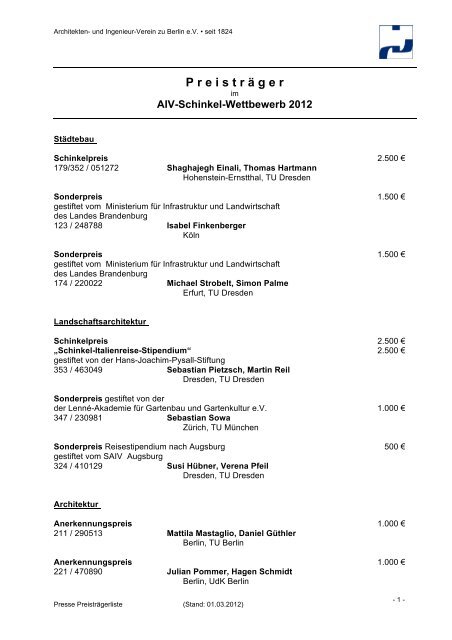 PreistrÃ¤ger des AIV-Schinkel-Wettbewerb 2012 - Architekten- und ...