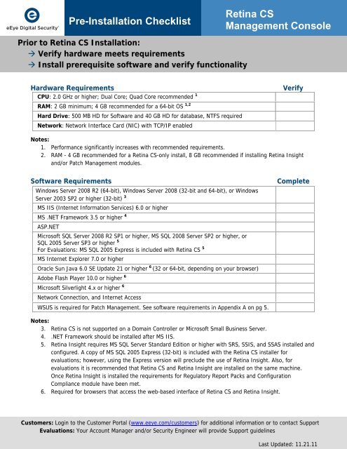 Pre-Installation Checklist Retina CS Management Console