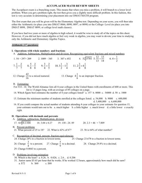 Accuplacer Math Review Sheets Richland College
