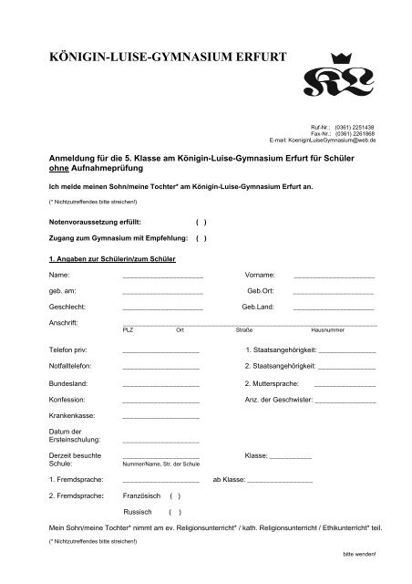 Anmeldeformular 5. Klasse - Königin-Luise-Gymnasium