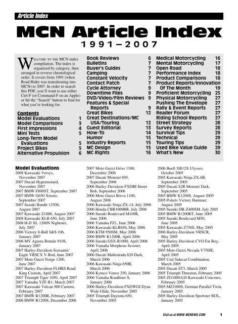 MCN Article Index, 1991-2007 - Motorcycle Consumer News