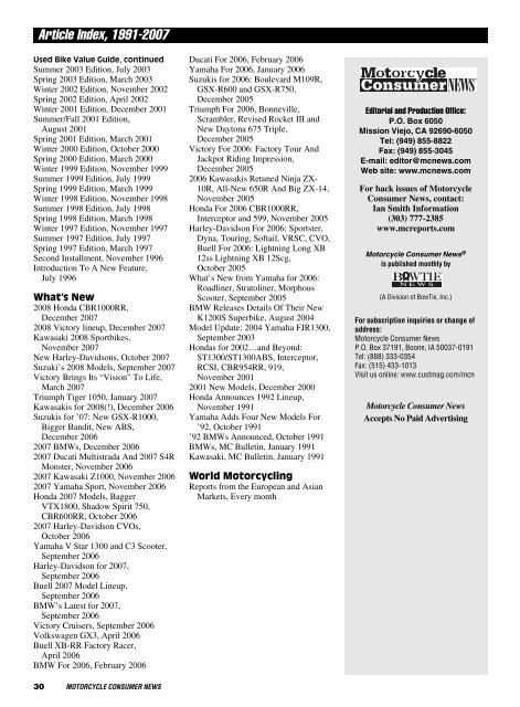 MCN Article Index, 1991-2007 - Motorcycle Consumer News