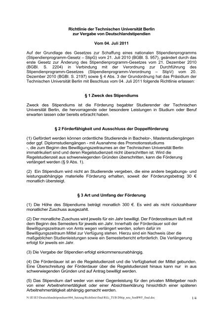 Richtlinie der Technischen UniversitÃ¤t Berlin zur ... - TU Berlin