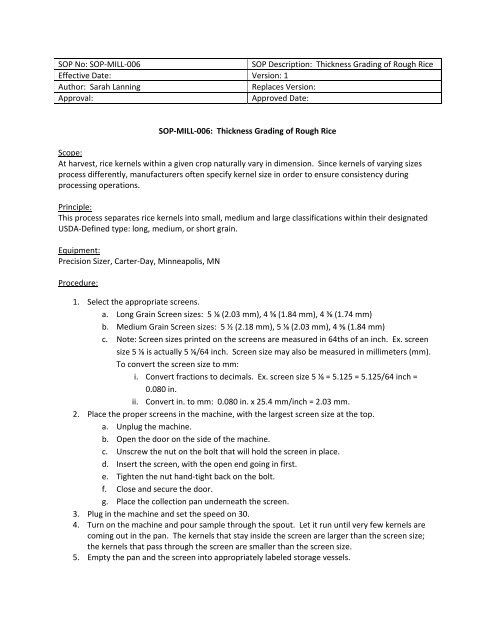 Usda Rice Specification Chart Thickness Grading of Rough Rice - Rice Processing Program