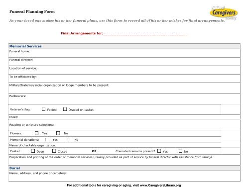 Funeral Planning Form - National Caregivers Library