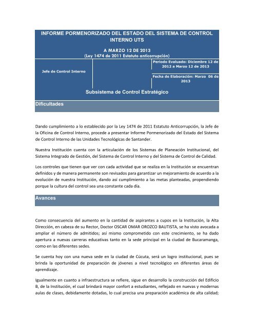 informe pormenorizado del estado del sistema de control interno uts