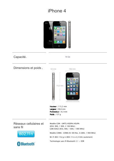 Apple iPhone 4 16 Go - Fiche technique 