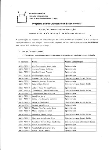 Mestrado: InscriÃ§Ãµes Deferidas - Fiocruz