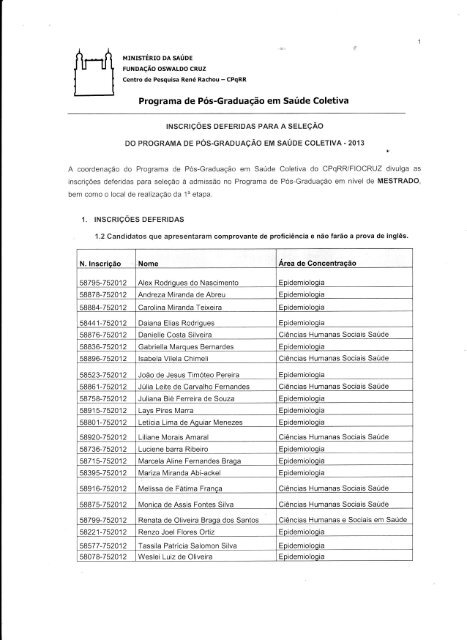 Mestrado: InscriÃ§Ãµes Deferidas - Fiocruz