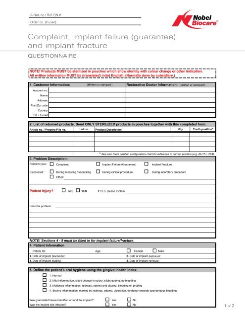 Implant Failure Questionnaire Nobel Biocare
