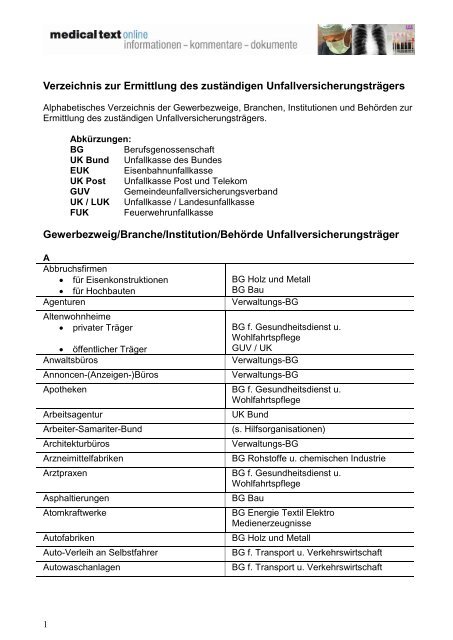 Verzeichnis zur Ermittlung des zuständigen - medical text online