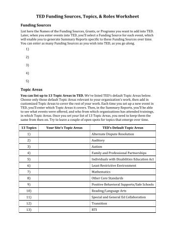 TED Funding Sources, Topics, & Roles Worksheet - CalSTAT