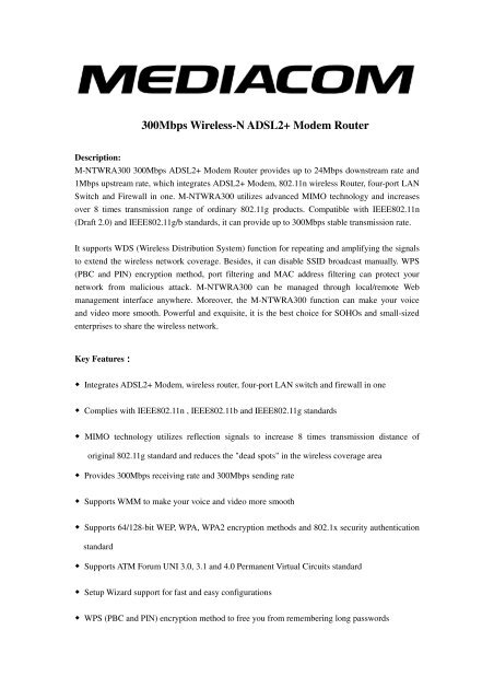 300Mbps Wireless-N ADSL2+ Modem Router - Mediacom