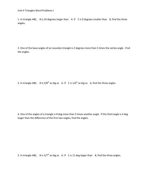 Triangle Word Problems Worksheet 1