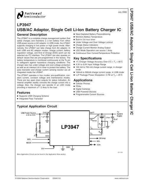 LP3947 USB/AC Adaptor, Single Cell Li-Ion Battery ... - Farnell