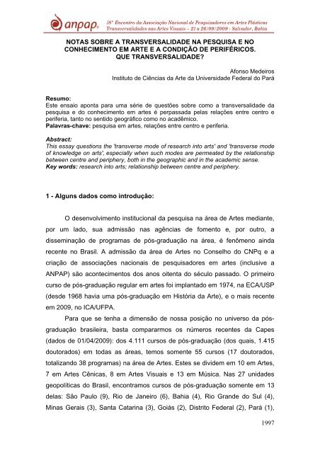 notas sobre a transversalidade na pesquisa e no ... - Anpap