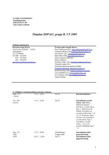 Timplan SOPA41, grupp B, VT 2009 - SocialhÃ¶gskolan i Lund