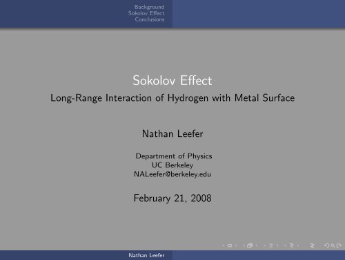 Sokolov Effect - Long-Range Interaction of Hydrogen with Metal ...