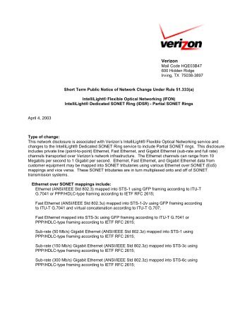 (IFON) IntelliLightÂ® Dedicated SONET Ring (IDSR) - Verizon