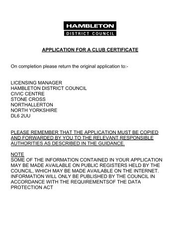 APPLICATION FOR A CLUB CERTIFICATE On completion please ...