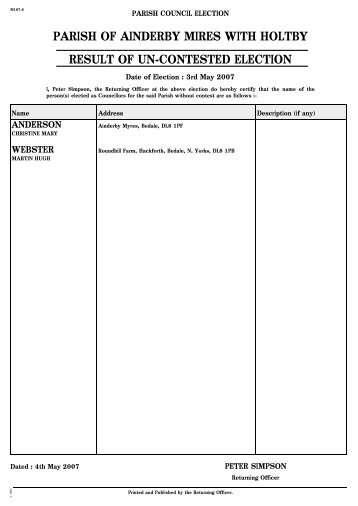 Uncontested Parishes 3 May 2007 - Hambleton District Council