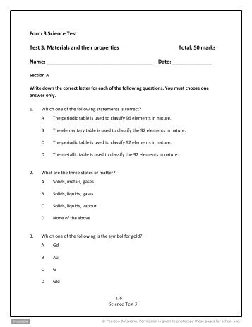 Form 3 Science Test Test 3: Materials and their properties ... - Pearson