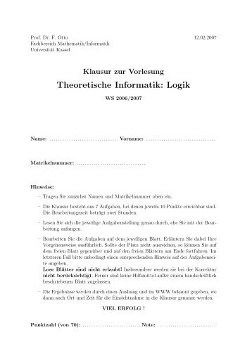 Logik - Fachgebiet Theoretische Informatik - UniversitÃ¤t Kassel