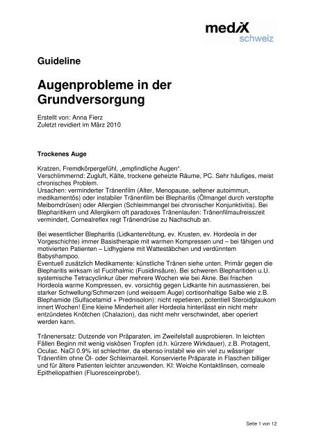 Guideline Augenprobleme in der Grundversorgung - mediX schweiz