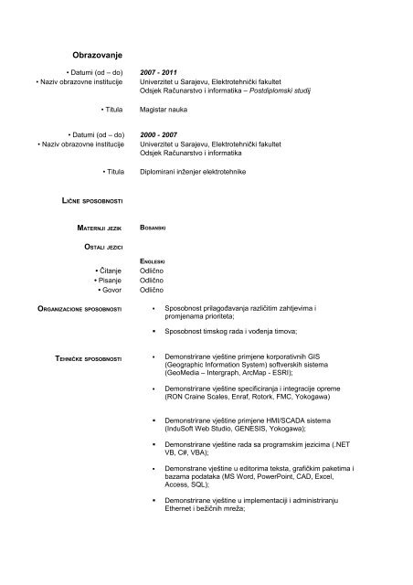 CURRICULUM VITAE - ElektrotehniÄki fakultet Sarajevo