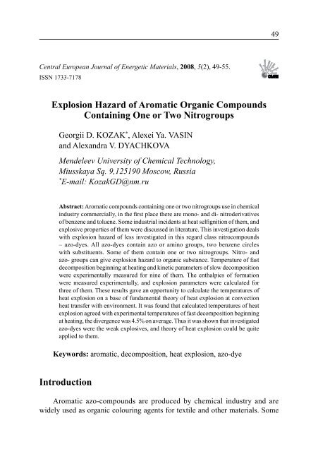 Explosion Risk Compounds Explosion Hazard of Aromatic Organic Compounds Containing One ...