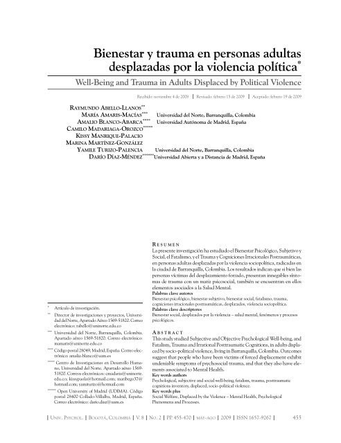 Bienestar y trauma en personas adultas desplazadas por la violencia política