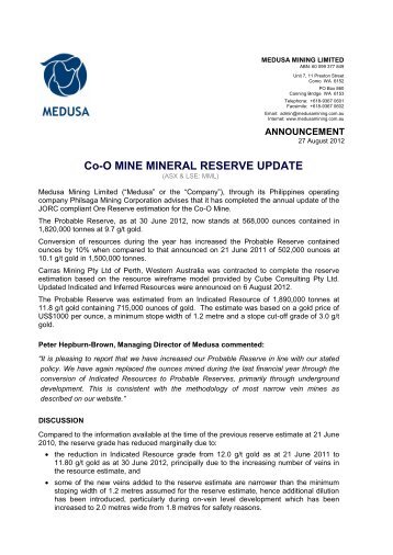 Co-O MINE MINERAL RESERVE UPDATE - Medusa Mining